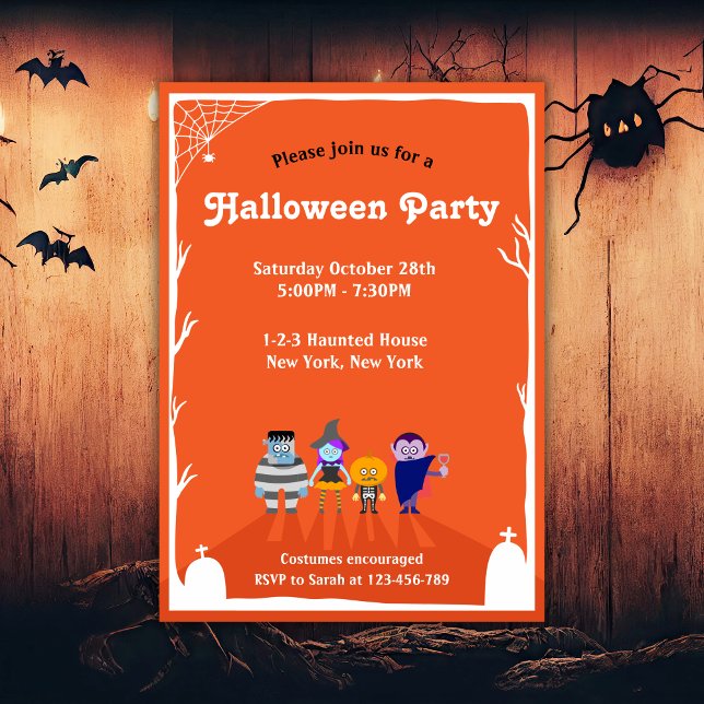 Convite de festas de fantasia de Halloween para cr (Adorable Kids Halloween Party Invitation. Costume Party for Kids, Trick or Treat Party.)