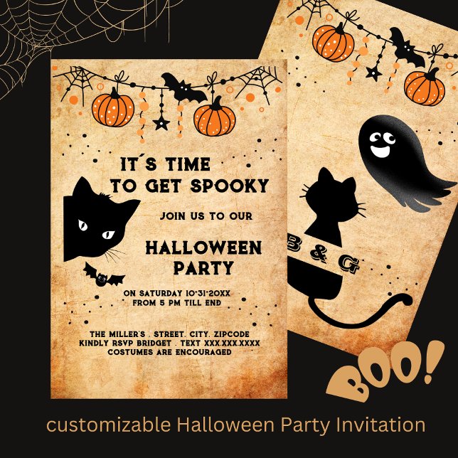 convite de festas de gato preto bonito (cute customizable Halloween Party Invitation Hobinishop)