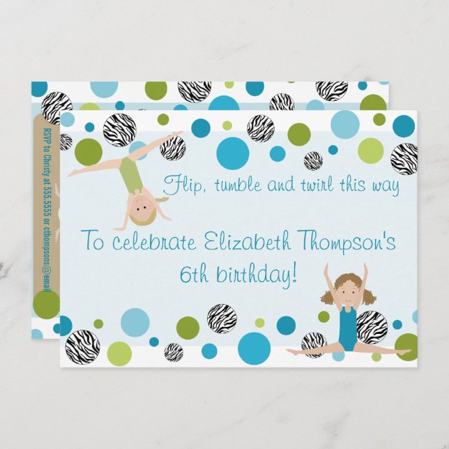 Convite de festas de ginástica Preto, Aqua e Verde (Frente/Verso)