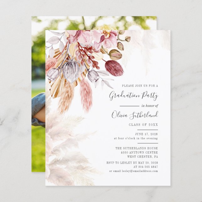 Convite de festas de Graduação Pampas Grass (Frente/Verso)