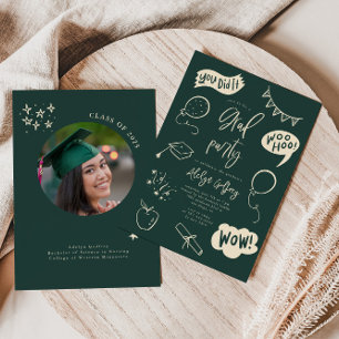 Convite de festas de Graduação Verde Quirky Drawn