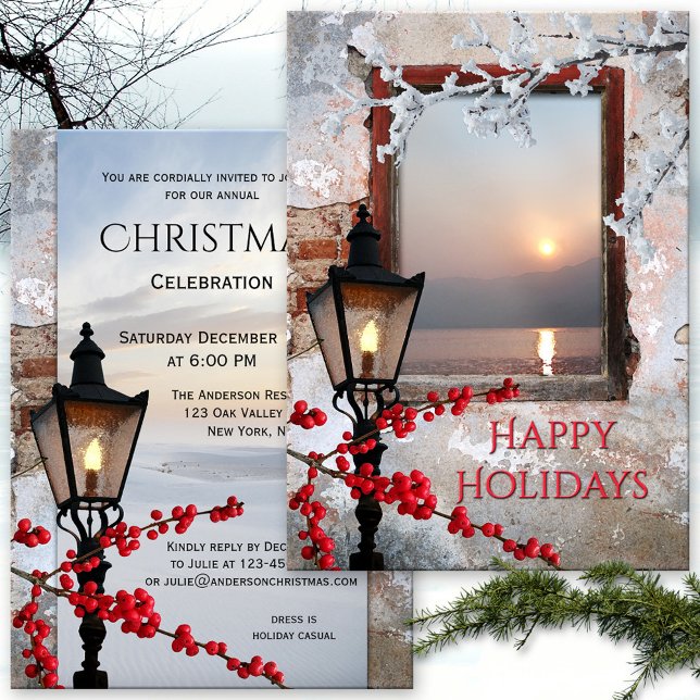 Convite de festas de inverno russo (A bohemian chic rustic winter or Christmas party invitation with antique lantern)