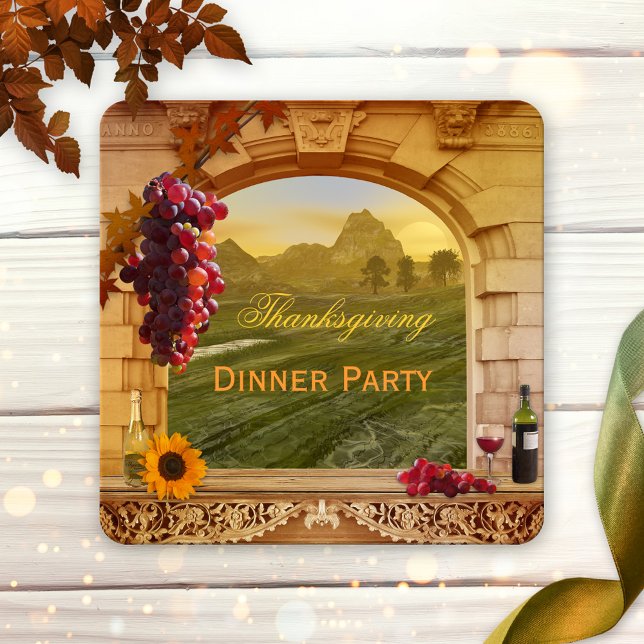 Convite de festas de Janto de Ação de Graças de Vi (Thanksgiving dinner party invitation with wine theme and a painting of an Italian style landscape)