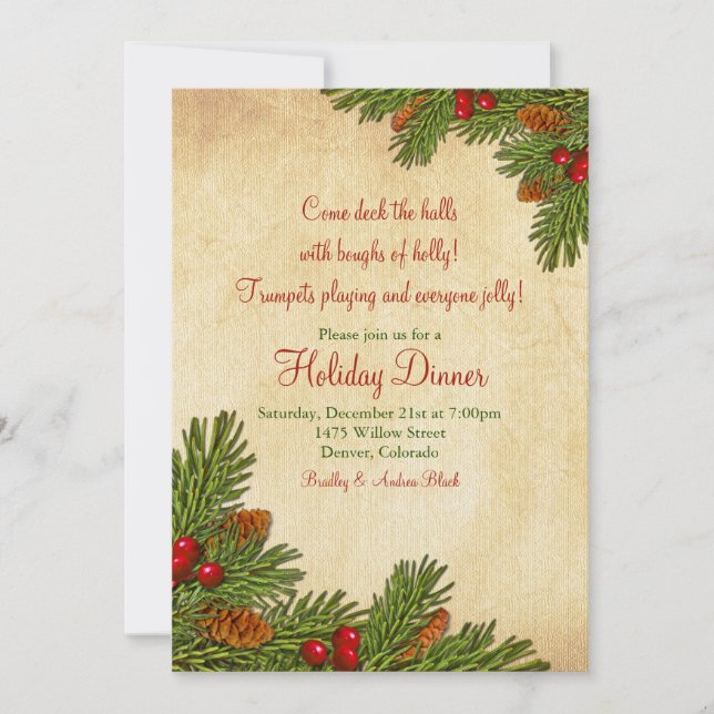 Convite de festas de Janto de Feriado Pine Boughs (Frente)