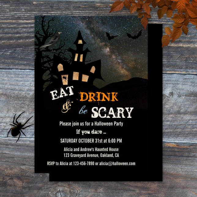 Convite de festas de Janto Halloween da Casa Assom (Halloween dinner party invitation featuring a haunted house on a hill at night, with spider and bats)