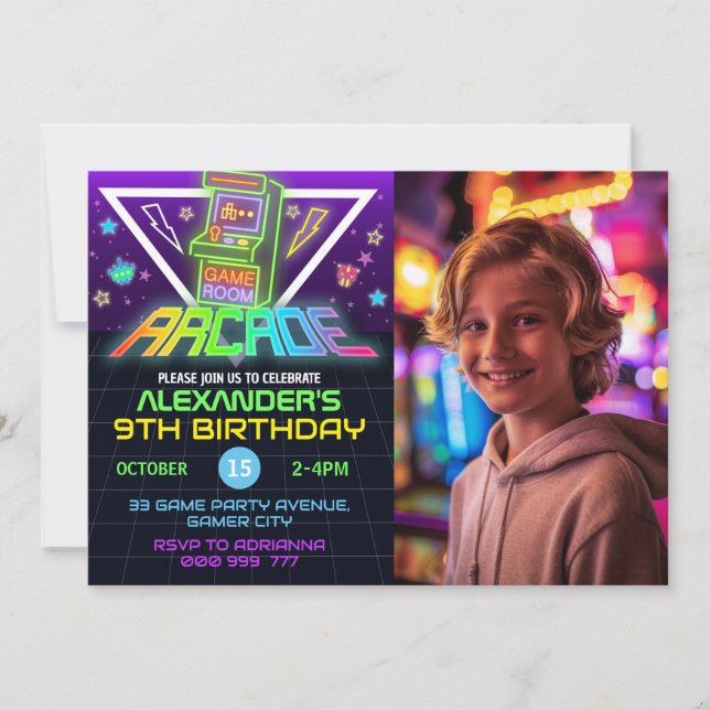 Convite de festas de Jogos de Foto Neon Arcade (Frente)