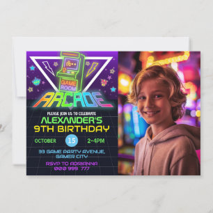 Convite de festas de Jogos de Foto Neon Arcade