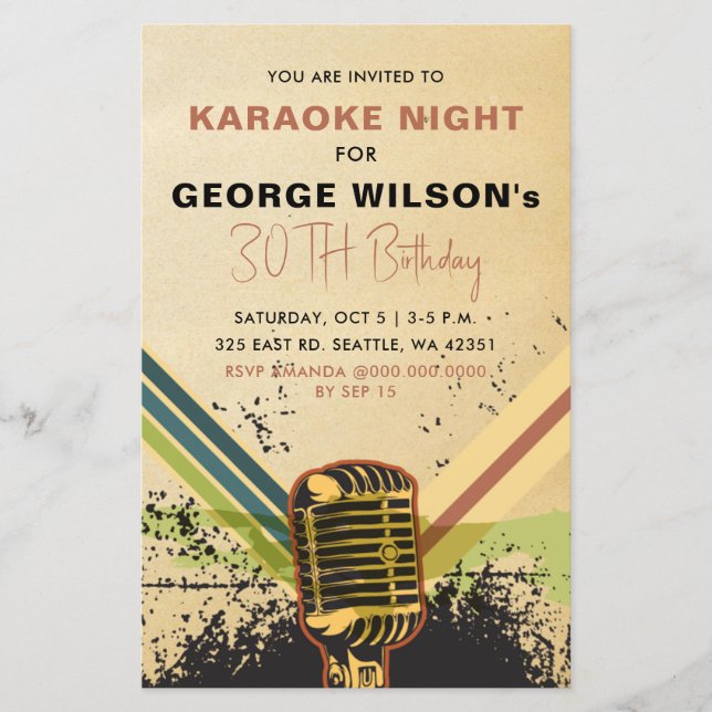 Convite de festas de Karaoke com microfone retrora (Frente)