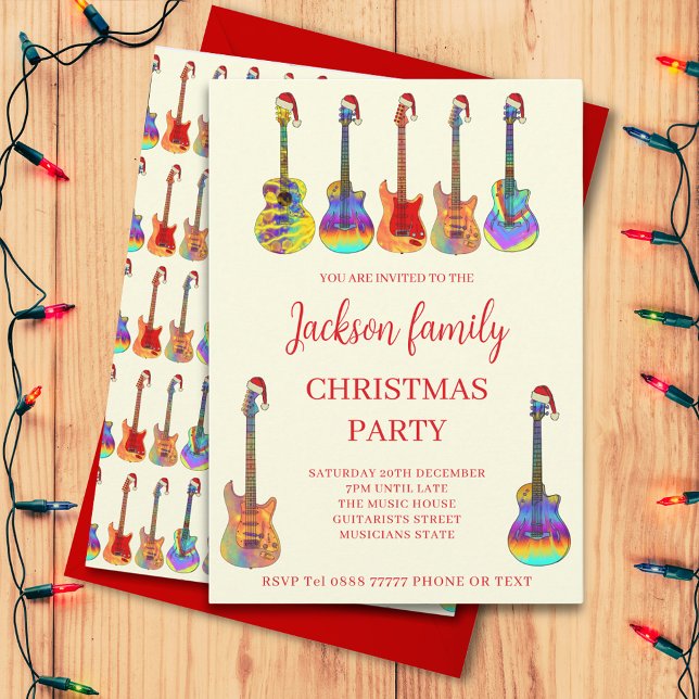 Convite de festas de Natal com Violão (music themed family Christmas party invitation with cool colorful guitars wearing Santa hats)