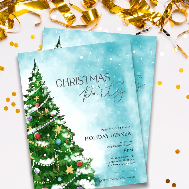 Convite de festas de Natal da Árvore de Aquarela A (Blue Watercolor Tree Christmas Party Invitation)