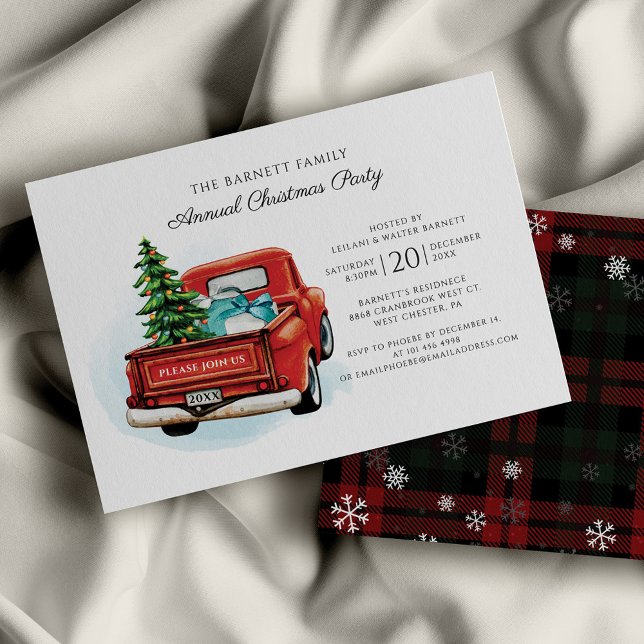 Convite de festas de Natal da Reunião Anual da Fam (Snow and Plaid Rustic Red Truck Christmas Party Invitation)