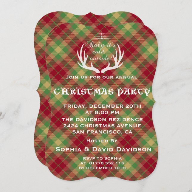 Convite de festas de Natal da Xadrez Verde Vermelh (Frente/Verso)