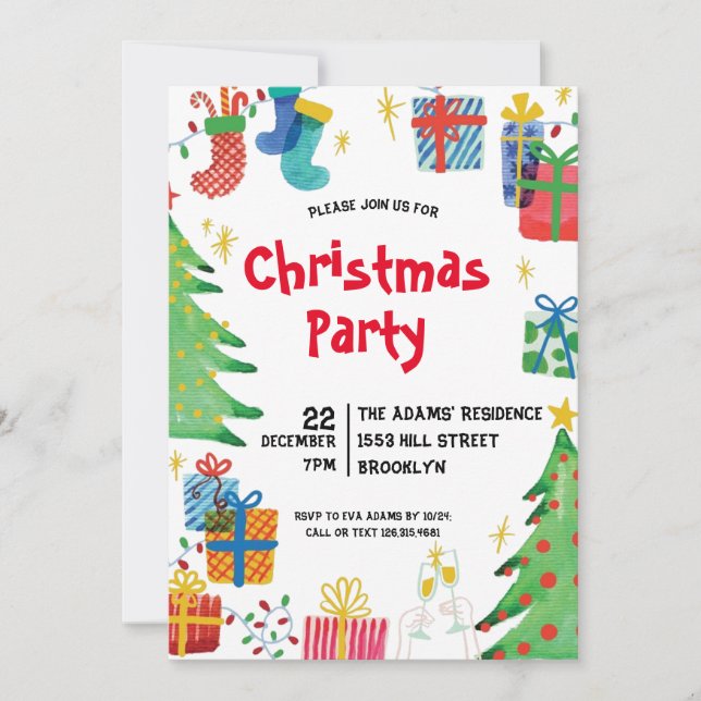 Convite de festas de Natal de Aquarela (Frente)