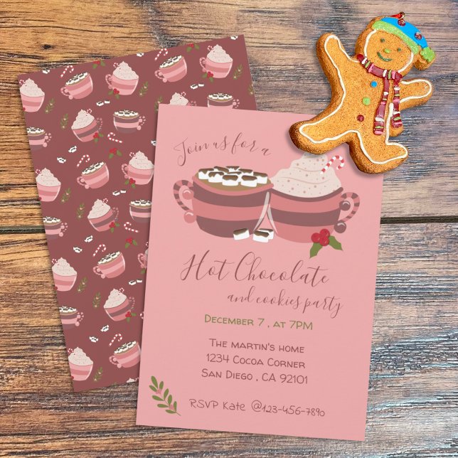 Convite de festas de Natal de Cacau Quente e Bisco (Hot Cocoa and Christmas cookies pink Holiday party invitation )