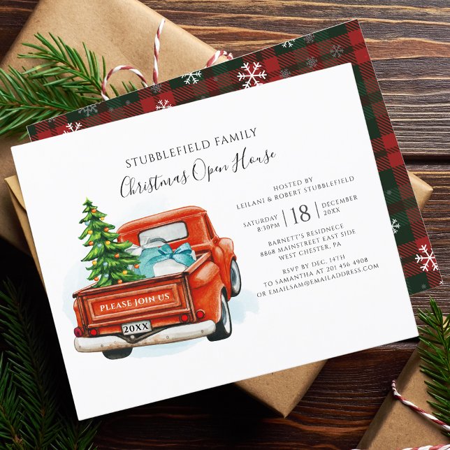 Convite de festas de Natal de Caminhão Vermelho Xa (Rustic Plaid Snowflakes Vintage Red Truck Christmas Party Invitation)