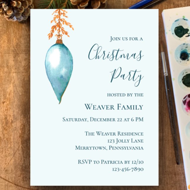 Convite de festas de Natal de Cor Azul Única (Original watercolor blue Christmas bauble. Custom modern Christmas party invitation
)