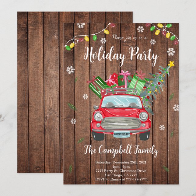 Convite de festas de Natal de madeira (Frente/Verso)