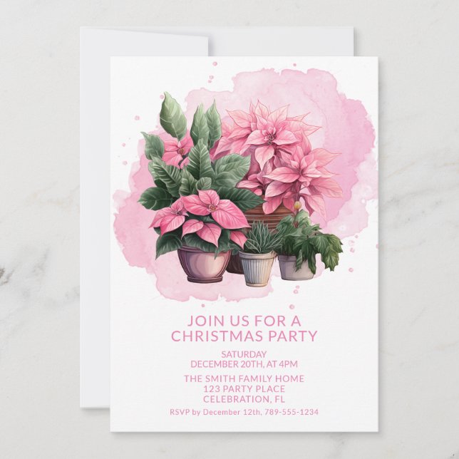 Convite de festas de Natal de Poinsettia Rosa (Frente)