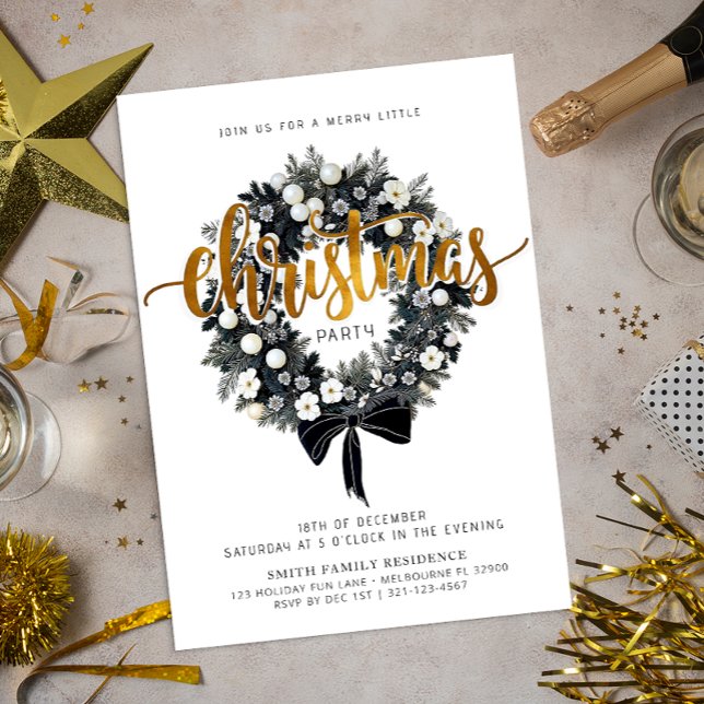 Convite de festas de Natal de Wreath Preta e Branc (Simple Christmas Party Invitation)