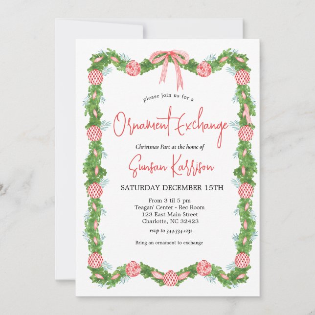 Convite de festas de Natal do Ornament Exchange (Frente)