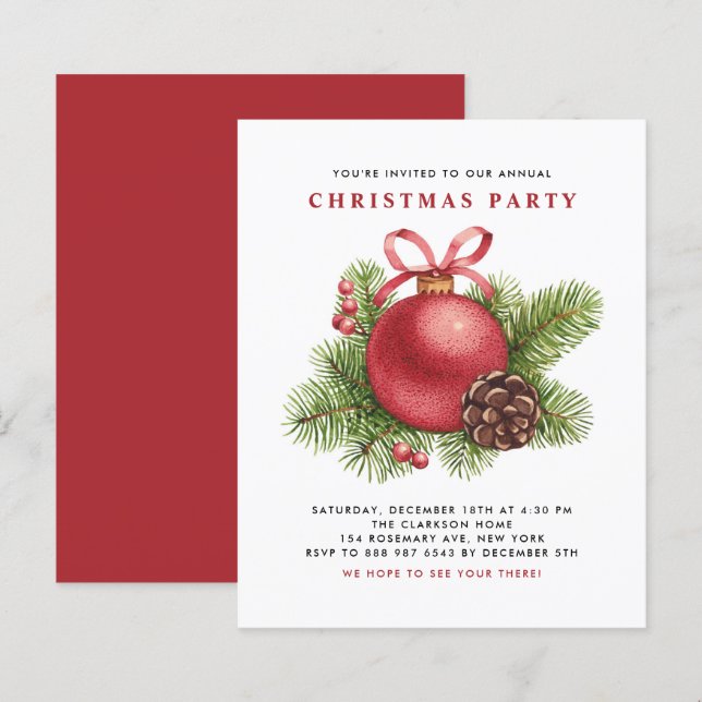 Convite de festas de Natal do Ornamento de Bola Ve (Frente/Verso)