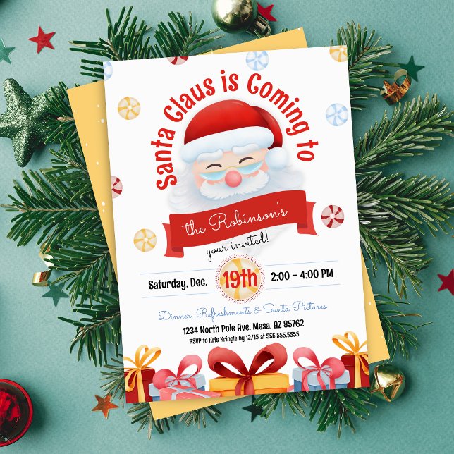 Convite de festas de Natal do Tema dos Papais noei (cute santa claus is coming annual christmas party invitation for kids adults holiday party invites)