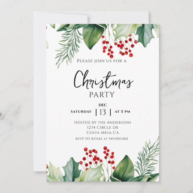 Convite de festas de Natal Elegant Holly Berries (Frente)
