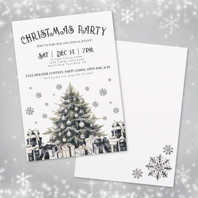Convite de festas de Natal Elegante Preto e Branco (Black & White Elegant Christmas Party Invitation)