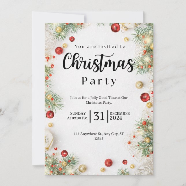 Convite de festas de Natal Floral Branco e Vermelh (Frente)