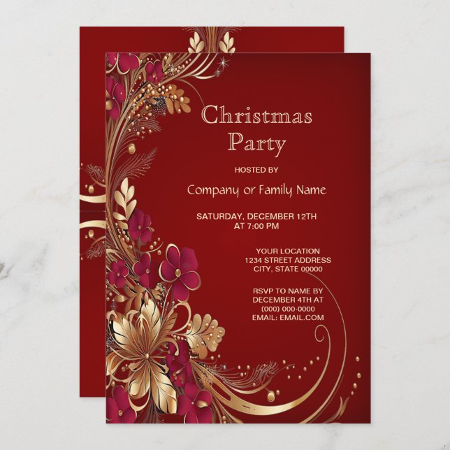 Convite de festas de Natal Floral Dourado vermelho (Frente/Verso)