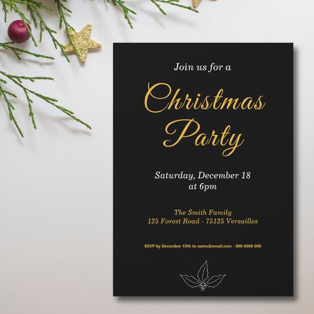 Convite de festas de Natal Mínimo Preto e Dourado (Black & Gold Minimalist Christmas Party Invitation)