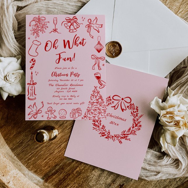 Convite de festas de Natal Pink Doodle Quirky (Criador carregado)