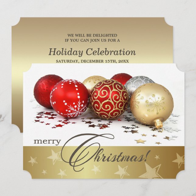 Convite de festas de Natal Red Dourado Baubles (Frente/Verso)