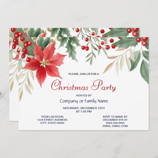 Convite de festas de Natal Red Poinsettia (Frente/Verso)