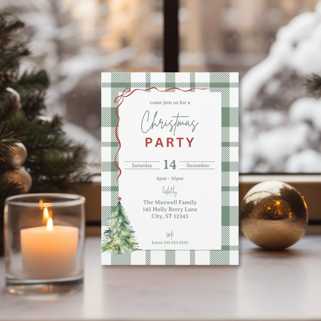 Convite de festas de Natal Russo Xadrez Verde (Rustic Plaid Christmas Party Invitation)