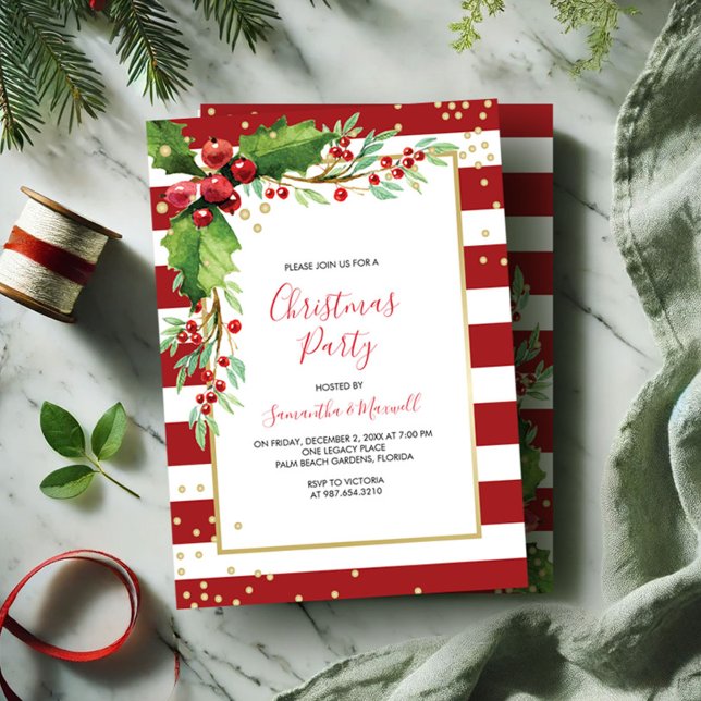 Convite de festas de Natal - Stripes Vermelhas (Xmas party invitation template red and green botanical design.)