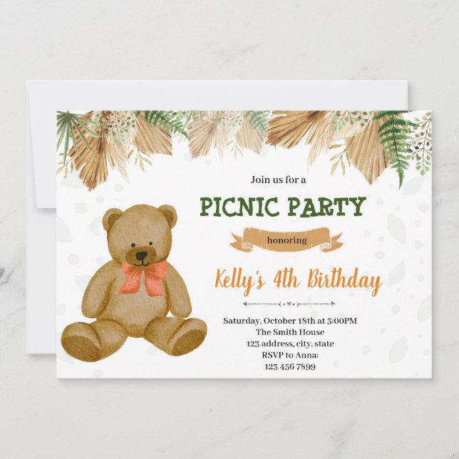 Convite de festas de piquenique com urso Boho (Frente)