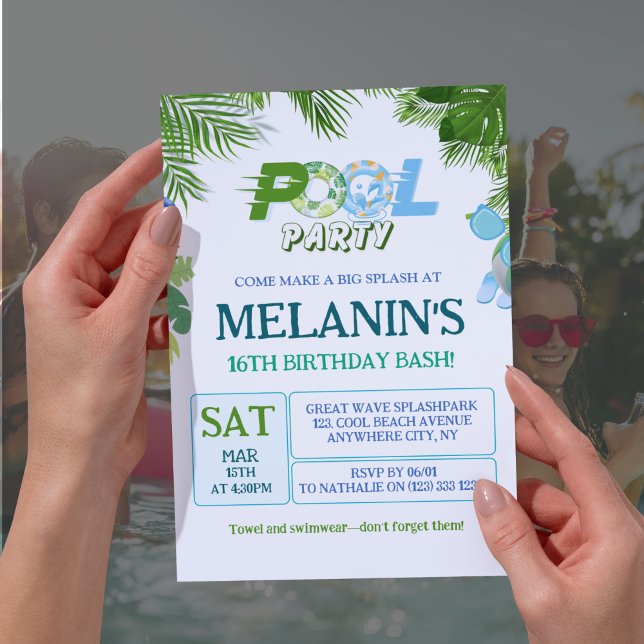 Convite de festas de Piscina - Aniversário Legal (Boy Pool Party Invitation – Cool Dude Birthday Template

)