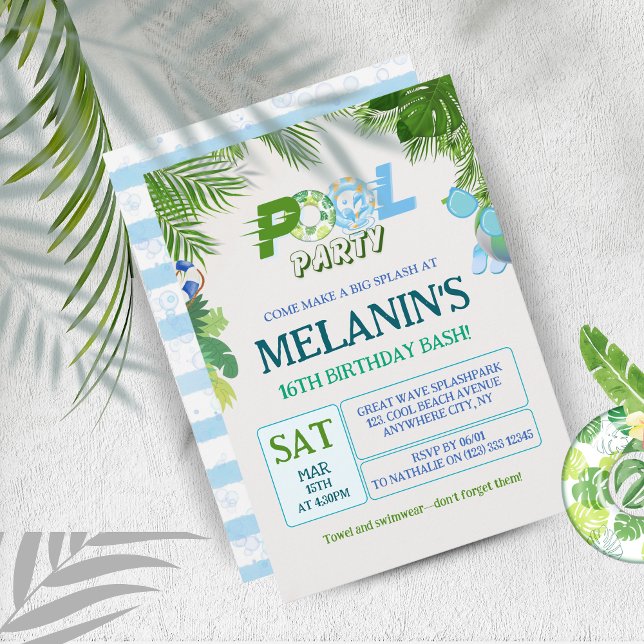 Convite de festas de Piscina - Aniversário Legal (Cool Dude Pool Party Birthday Invitation - Fun Tropical Design)