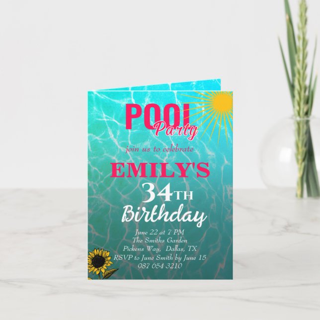 convite de festas de piscina de 34 anos (Frente)