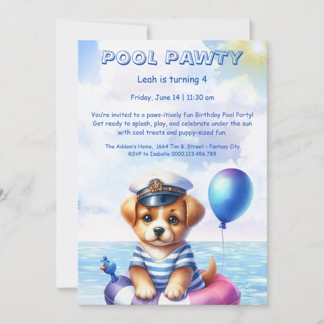 Convite de festas de Piscina de aniversário da Pup (Frente)