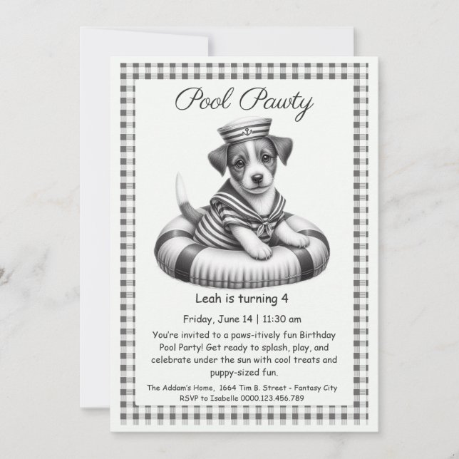 Convite de festas de Piscina de aniversário da Pup (Frente)