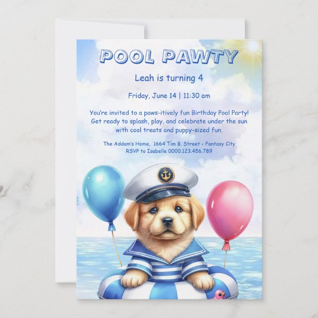 Convite de festas de Piscina de aniversário da Pup (Frente)