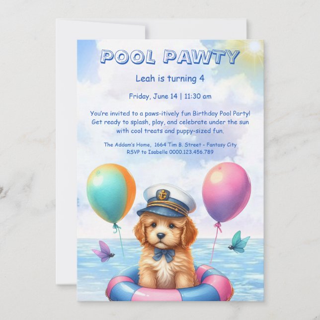 Convite de festas de Piscina de aniversário da Pup (Frente)