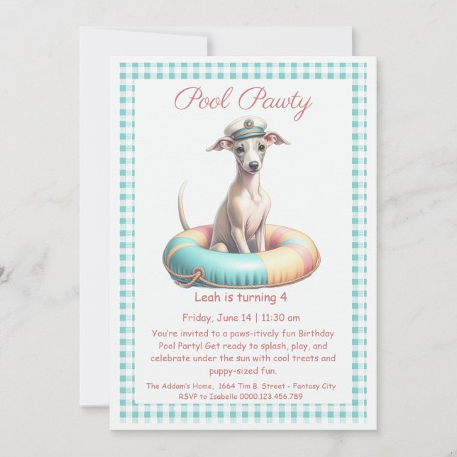 Convite de festas de Piscina de aniversário da Pup (Frente)