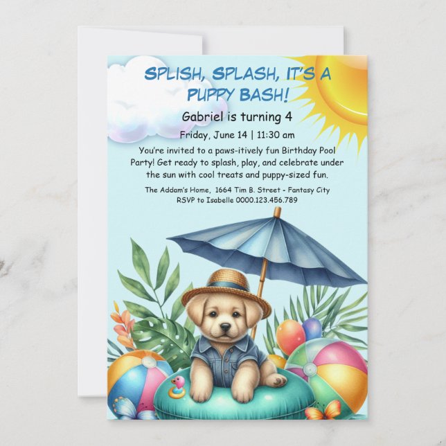 Convite de festas de Piscina de aniversário da Pup (Frente)