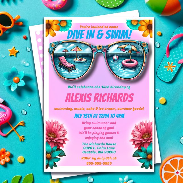 Convite de festas de Piscina de Aniversário do Ver (Pink Summer Splash Birthday Pool Party Invitation)