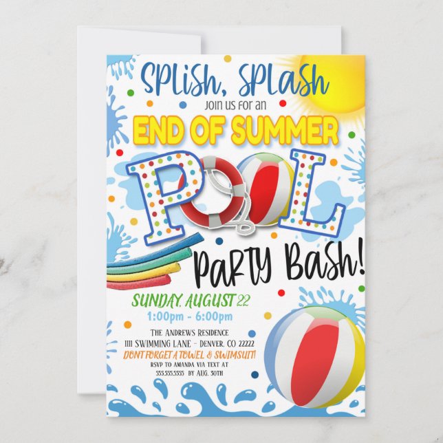 Convite de festas de Piscina de fim de verão (Frente)