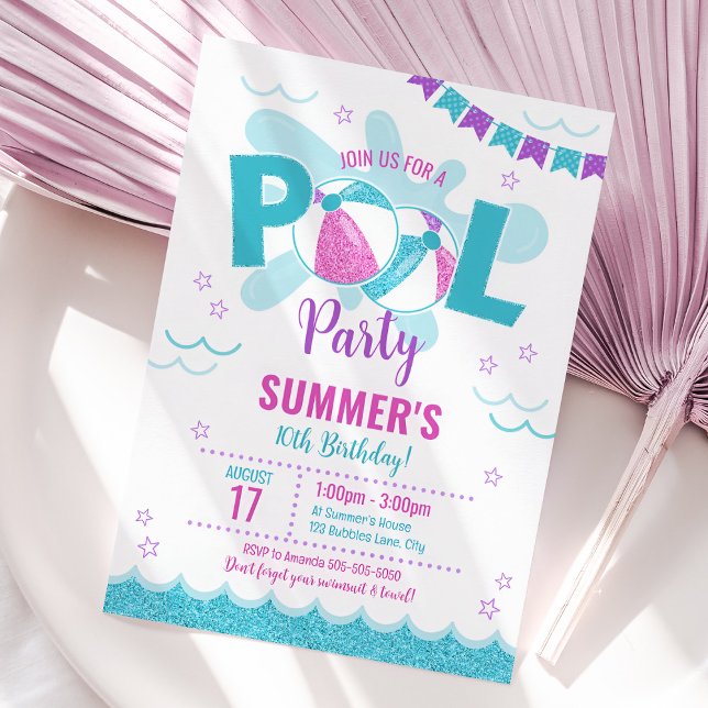 Convite de festas de Piscina moderna, Summer Girl  (Modern Pool Party Invitation)