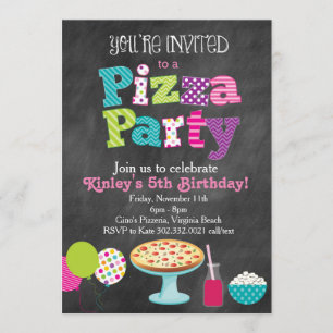 Convite de festas de pizza com quadro de chalkboar